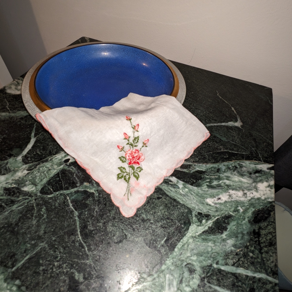 Floral Embroidered  Handkerchief - Pink and White